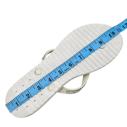 White Rhinestone Flip Flops Womens Size 9/10 Faux Leather Summer Casual Sandals