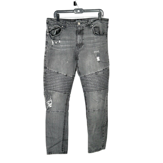 Elwood Mens Biker Jeans 36x30 With Distressed Detailing Faded Black Light Wash