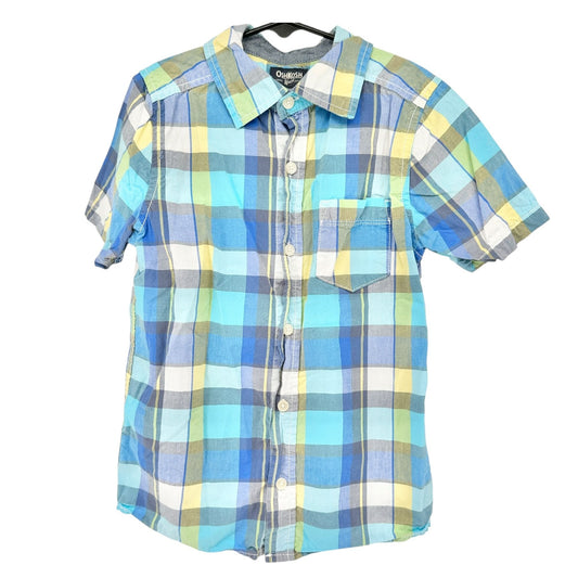Oshkosh Boys Size 8 Short Sleeve Plaid Button-Up Shirt Cotton Blue Yellow