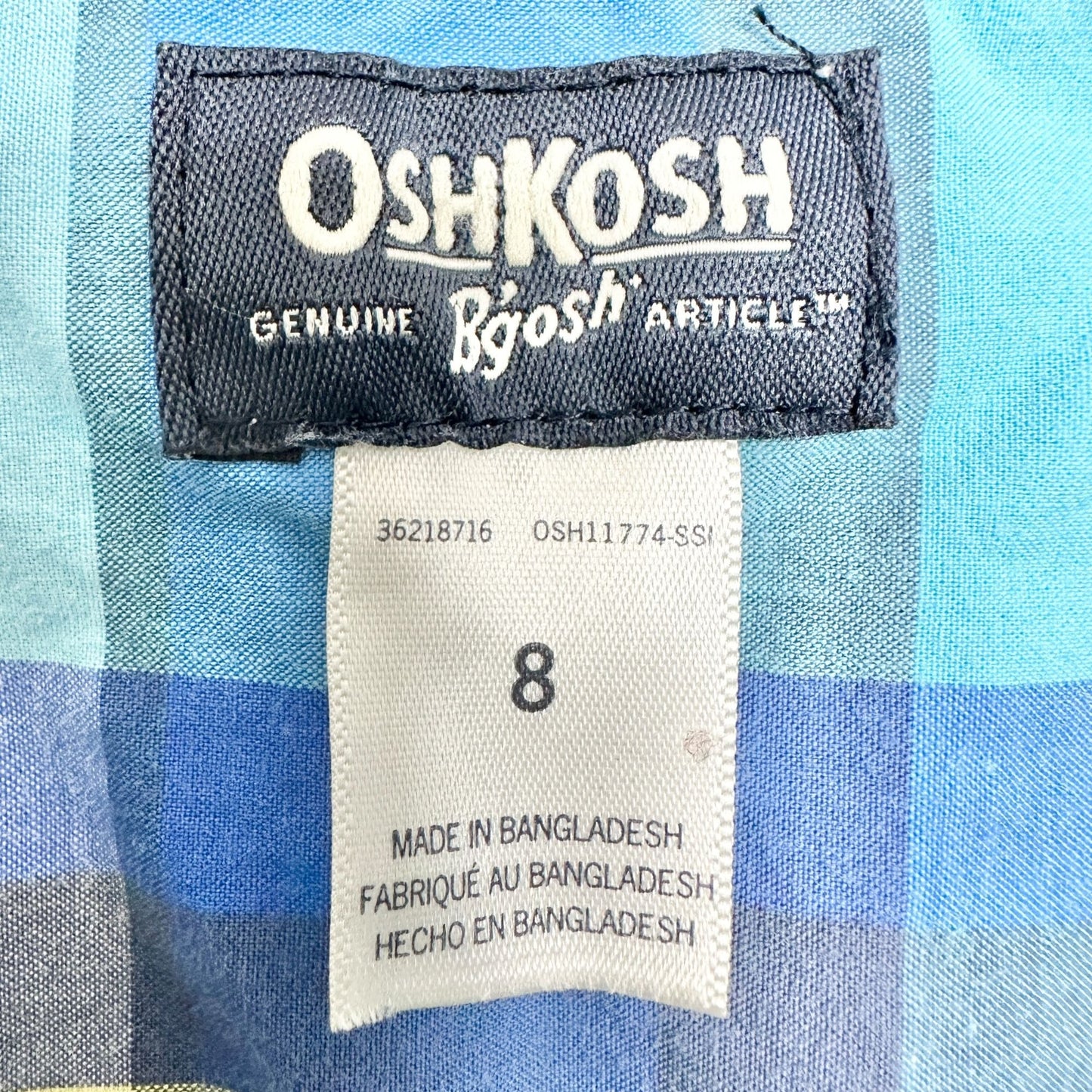 Oshkosh Boys Size 8 Short Sleeve Plaid Button-Up Shirt Cotton Blue Yellow