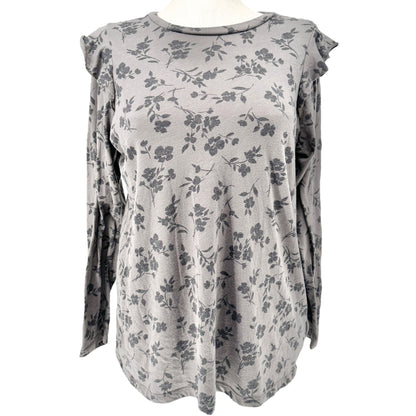 Torrid Size 1 Classic Fit Womens 1X Gray Black Floral Long Sleeve Ruffle Detail