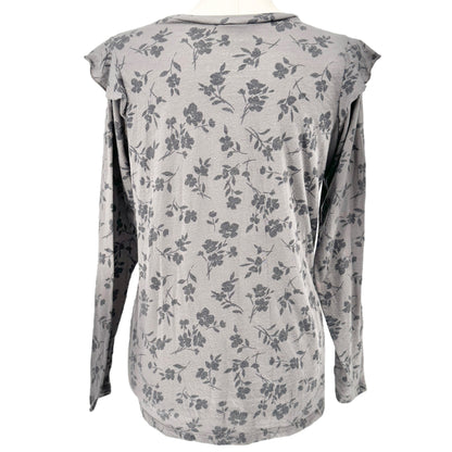 Torrid Size 1 Classic Fit Womens 1X Gray Black Floral Long Sleeve Ruffle Detail