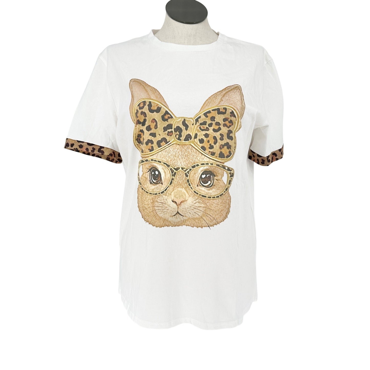 Leopard Print Bunny Graphic Tee XL (fits like L) White Cotton Casual Animal Design