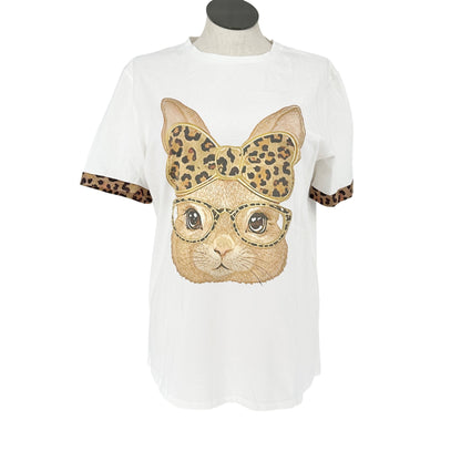 Leopard Print Bunny Graphic Tee XL (fits like L) White Cotton Casual Animal Design