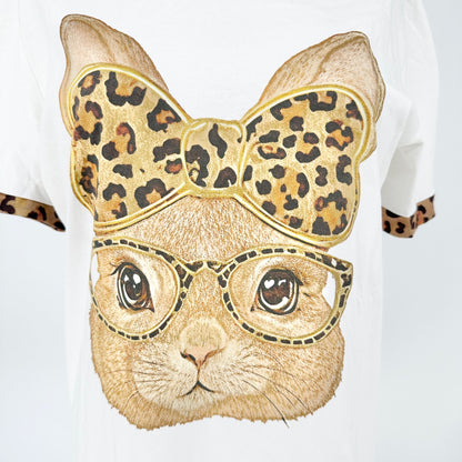 Leopard Print Bunny Graphic Tee XL (fits like L) White Cotton Casual Animal Design