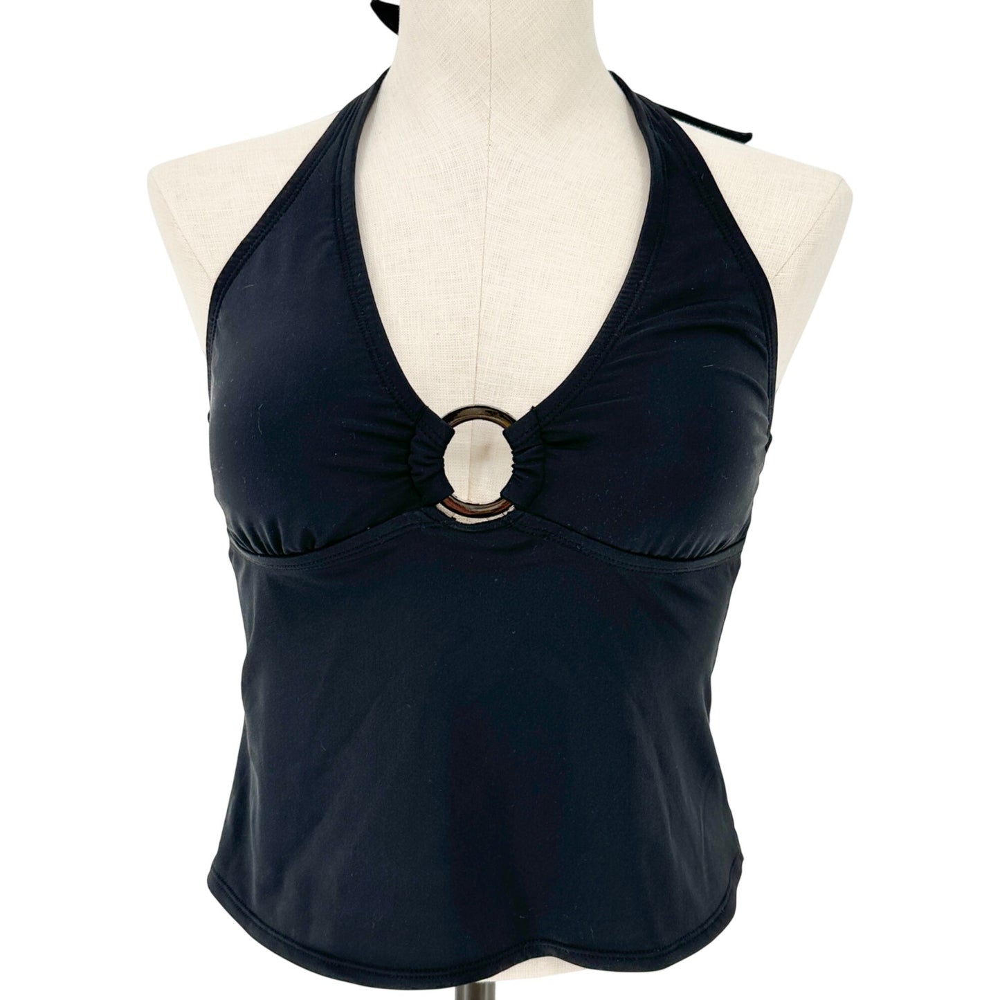 Halter Tankini Swimwear Top Womens Size Small Black With Ring Accent Tie Closure
