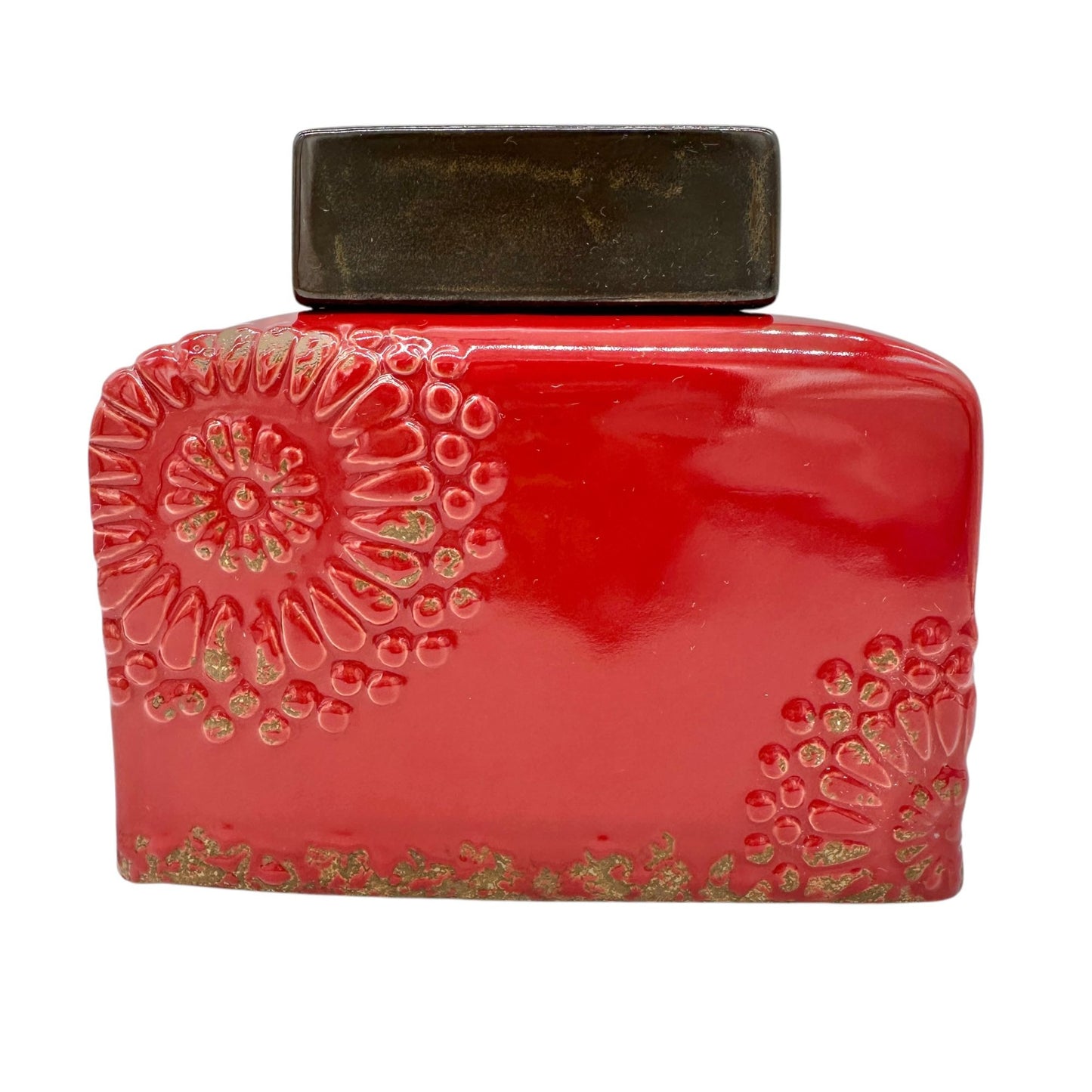 Vintage Style Bottle Rectangular Red Ceramic Embossed Floral With Metal Lid
