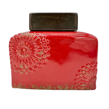 Vintage Style Bottle Rectangular Red Ceramic Embossed Floral With Metal Lid
