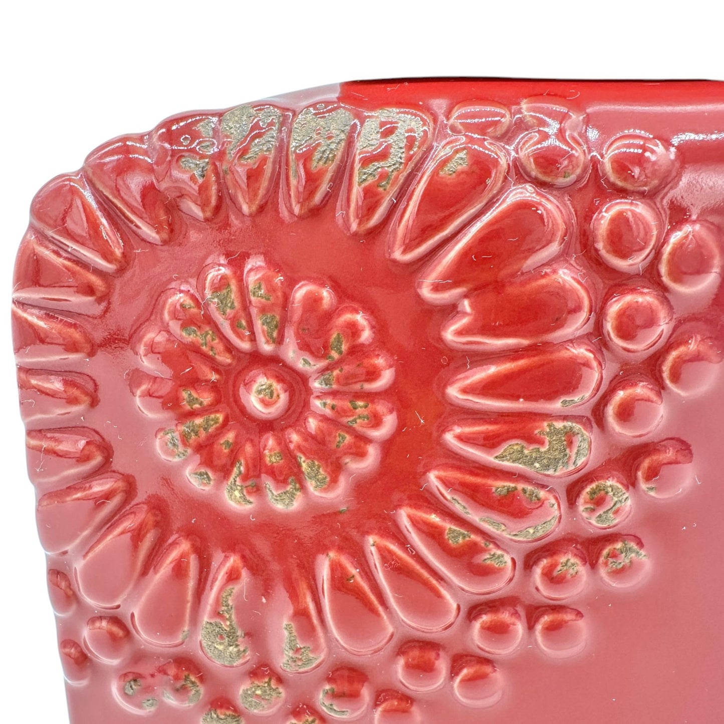 Vintage Style Bottle Rectangular Red Ceramic Embossed Floral With Metal Lid