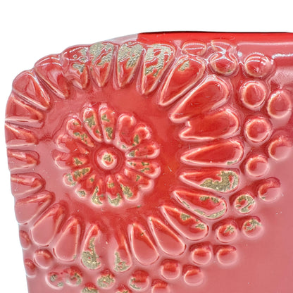Vintage Style Bottle Rectangular Red Ceramic Embossed Floral With Metal Lid