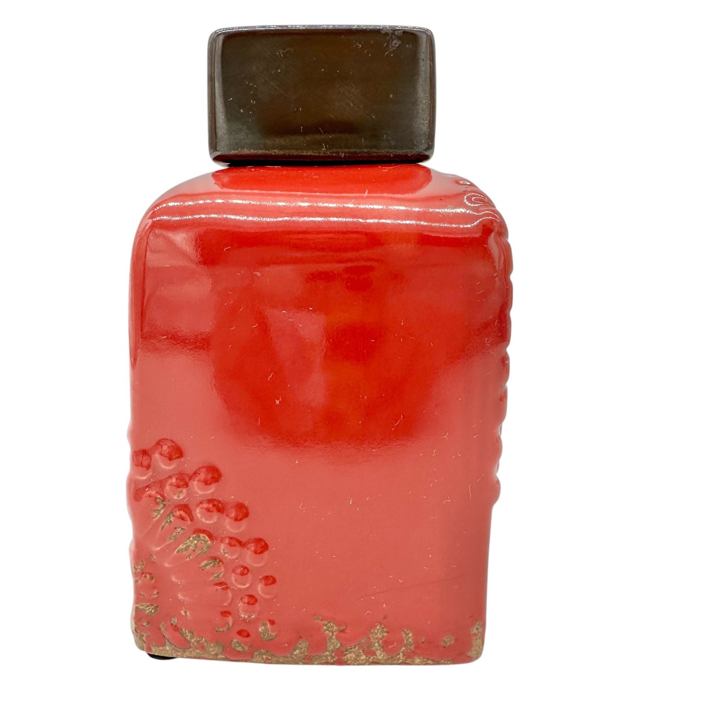 Vintage Style Bottle Rectangular Red Ceramic Embossed Floral With Metal Lid