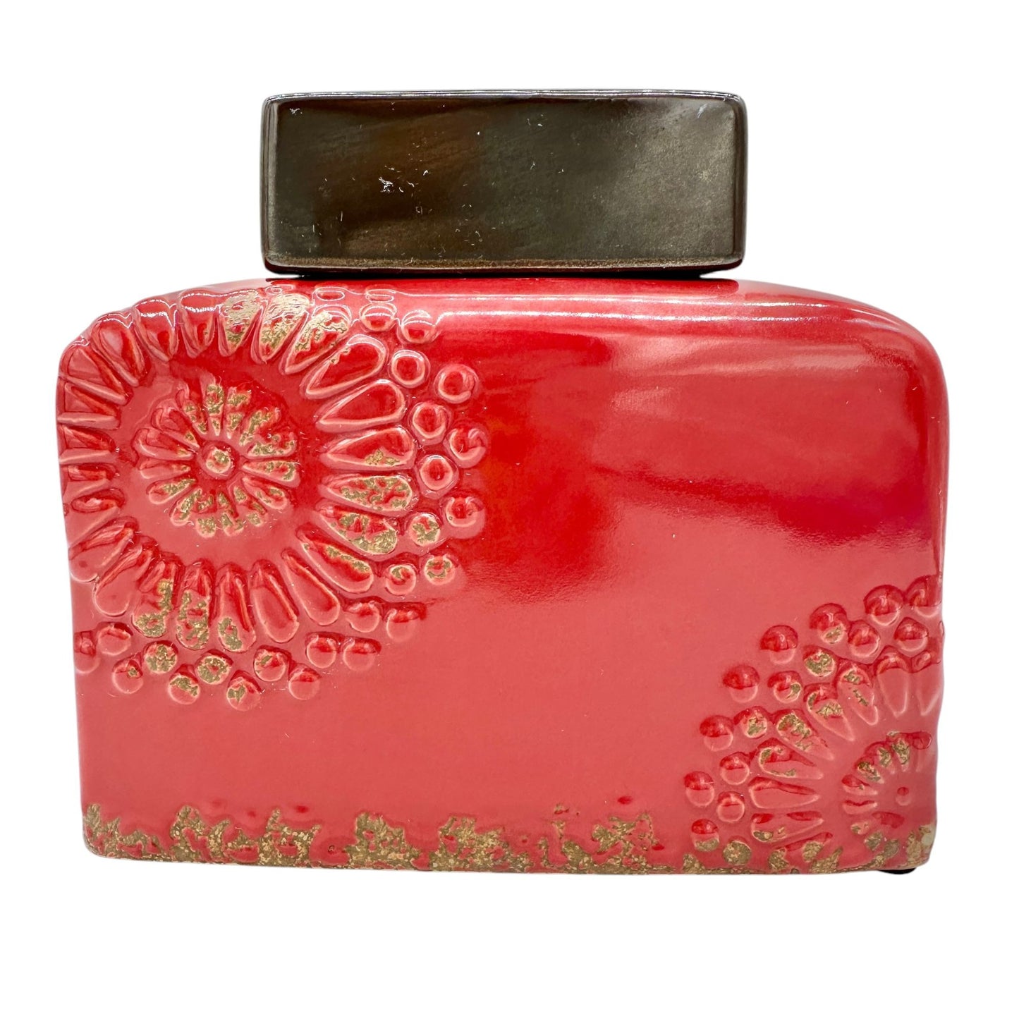 Vintage Style Bottle Rectangular Red Ceramic Embossed Floral With Metal Lid