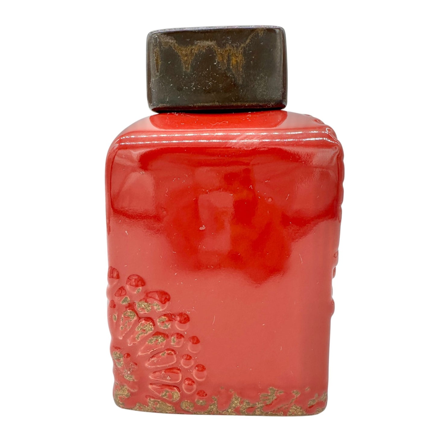 Vintage Style Bottle Rectangular Red Ceramic Embossed Floral With Metal Lid