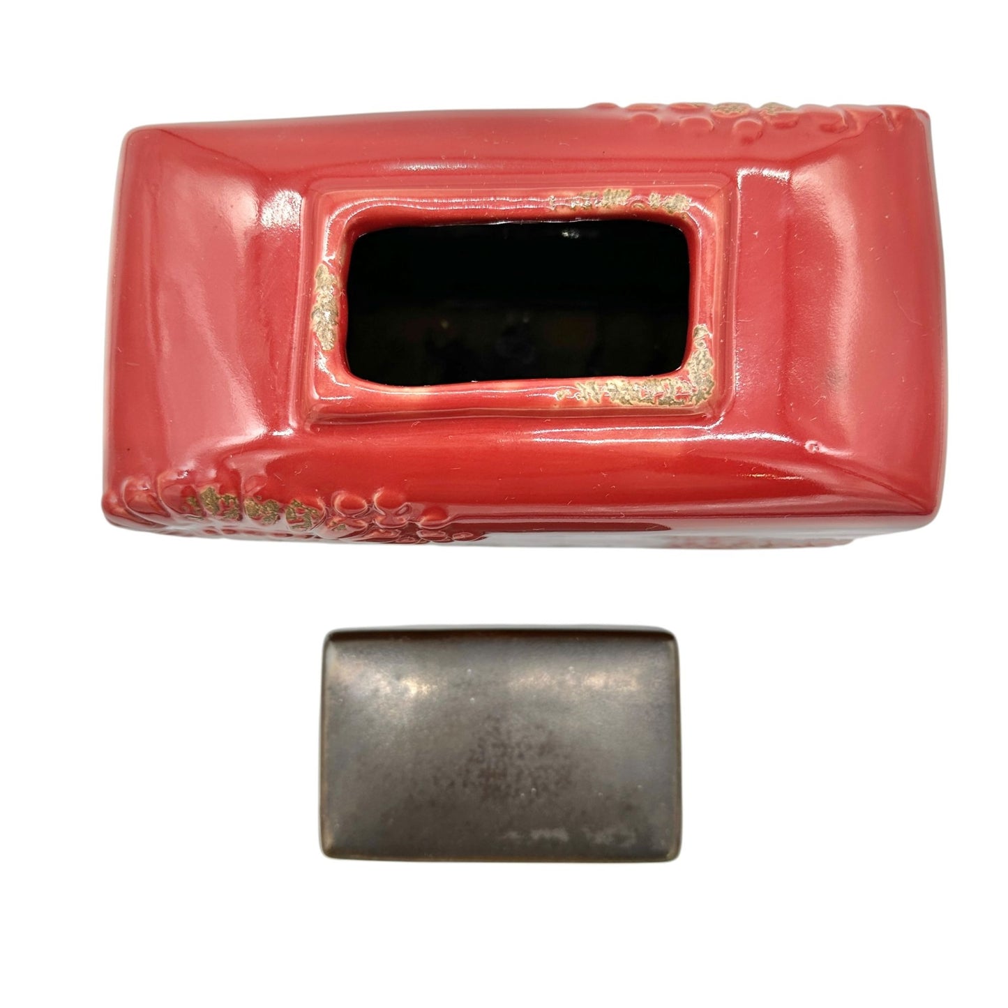 Vintage Style Bottle Rectangular Red Ceramic Embossed Floral With Metal Lid
