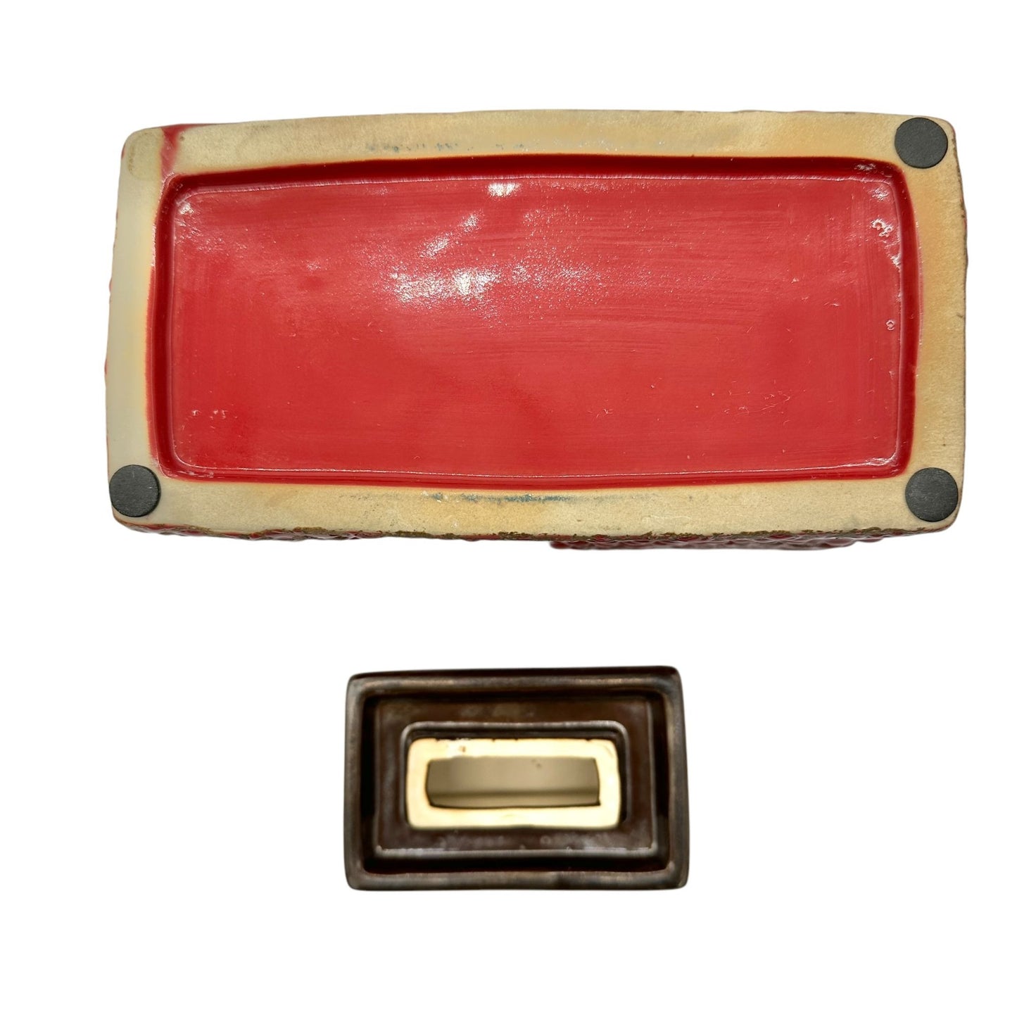 Vintage Style Bottle Rectangular Red Ceramic Embossed Floral With Metal Lid