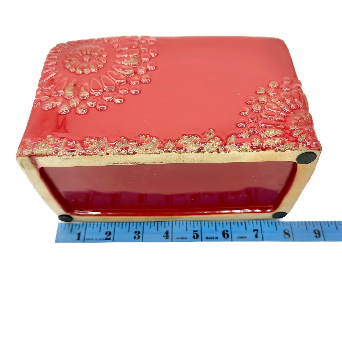 Vintage Style Bottle Rectangular Red Ceramic Embossed Floral With Metal Lid