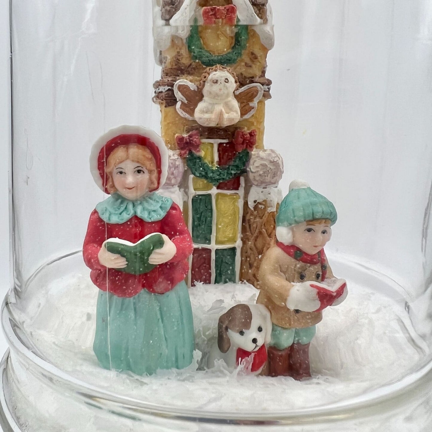 Handcrafted Glass Lidded Jar Christmas Snow Scene Carolers Gingerbread Church
