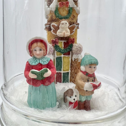 Handcrafted Glass Lidded Jar Christmas Snow Scene Carolers Gingerbread Church