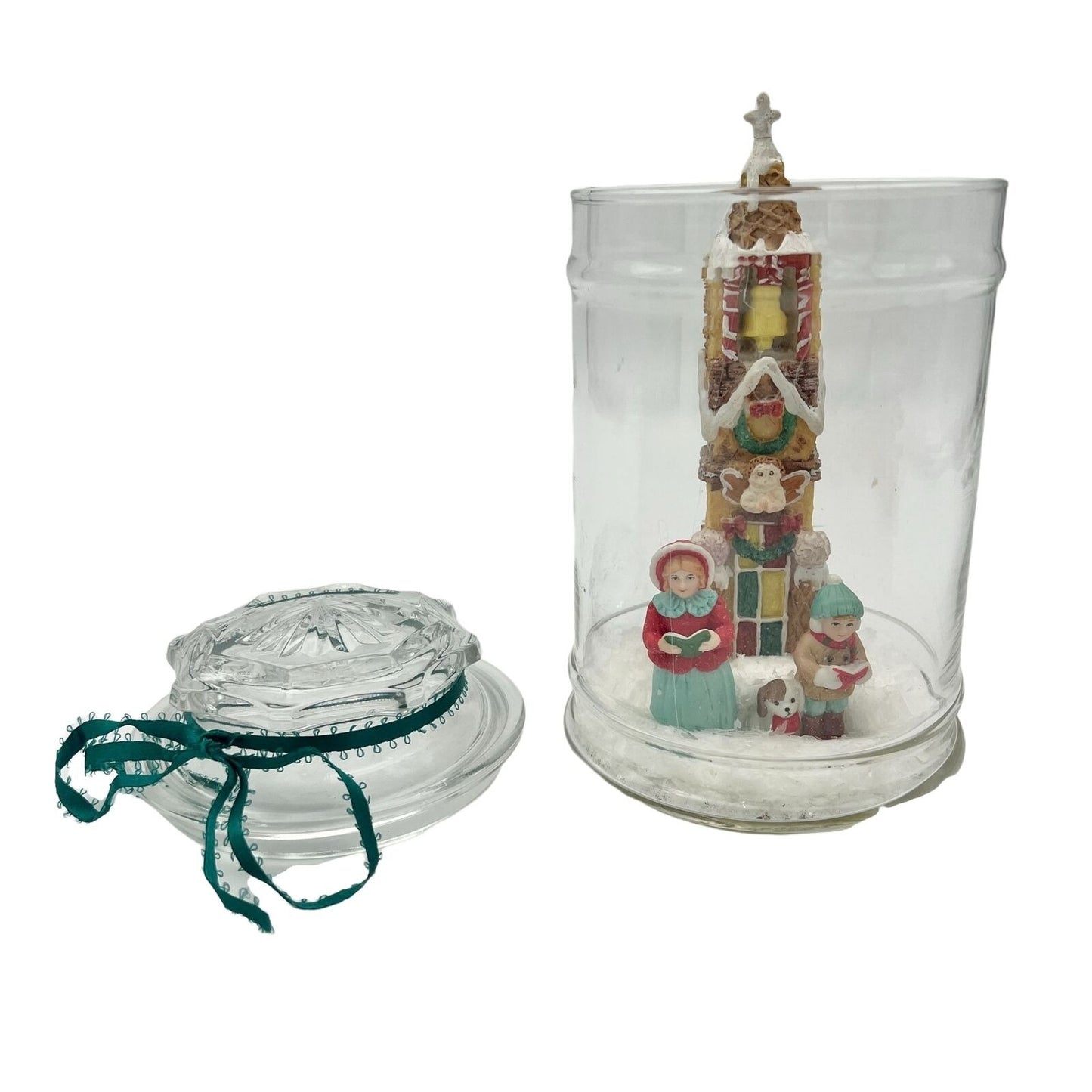 Handcrafted Glass Lidded Jar Christmas Snow Scene Carolers Gingerbread Church