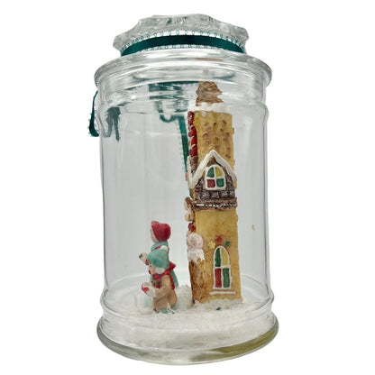 Handcrafted Glass Lidded Jar Christmas Snow Scene Carolers Gingerbread Church