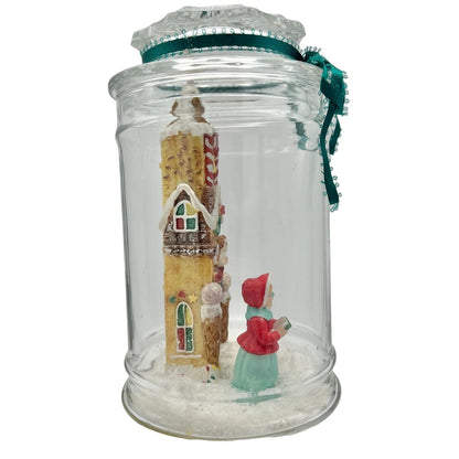 Handcrafted Glass Lidded Jar Christmas Snow Scene Carolers Gingerbread Church