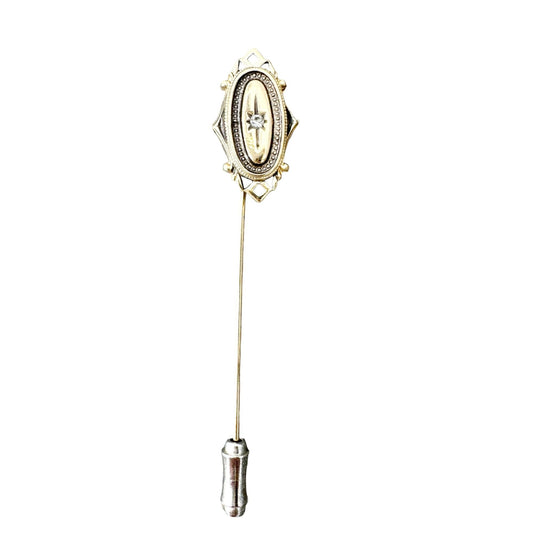 Vintage Avon Goldtone Stick Pin Rhinestone Accent Ornate Design 3 Inch Accessory