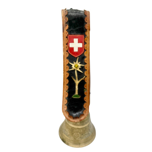 Vintage Swiss Gusset Brass Cow Bell With Edelweiss and Original Leather Strap