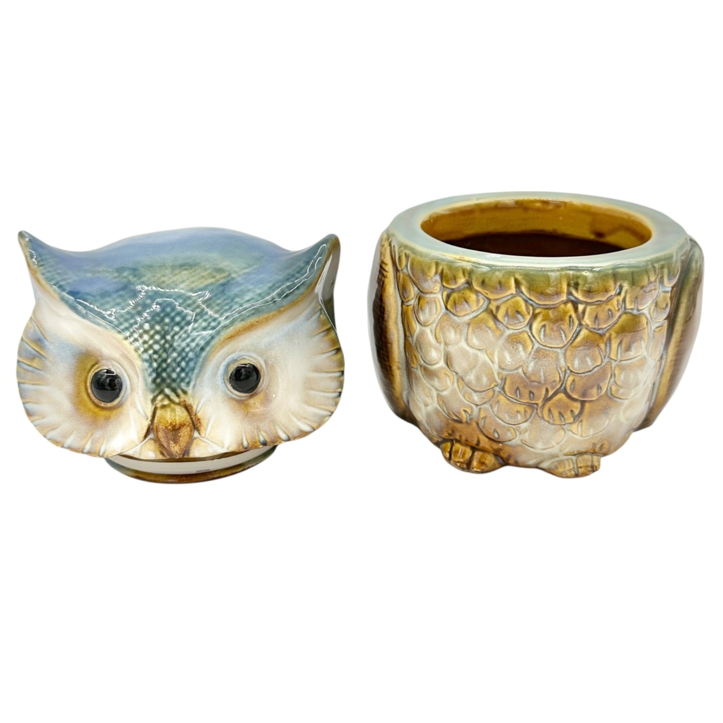 Hand-Painted Ceramic Owl Jar With Lid For Storage Or Décor 6x5 Brown and Blue