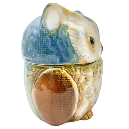 Hand-Painted Ceramic Owl Jar With Lid For Storage Or Décor 6x5 Brown and Blue