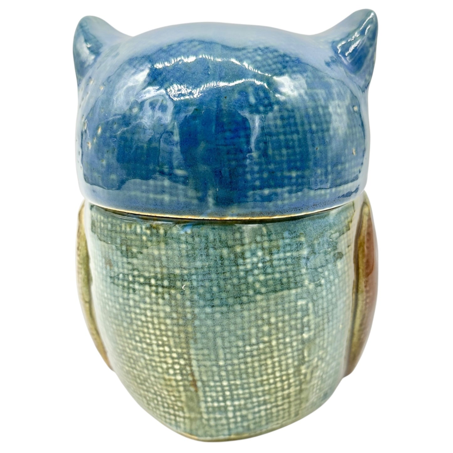 Hand-Painted Ceramic Owl Jar With Lid For Storage Or Décor 6x5 Brown and Blue
