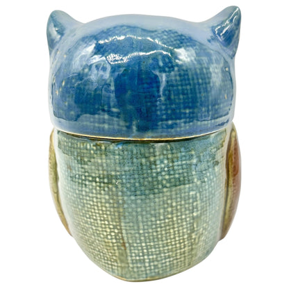 Hand-Painted Ceramic Owl Jar With Lid For Storage Or Décor 6x5 Brown and Blue