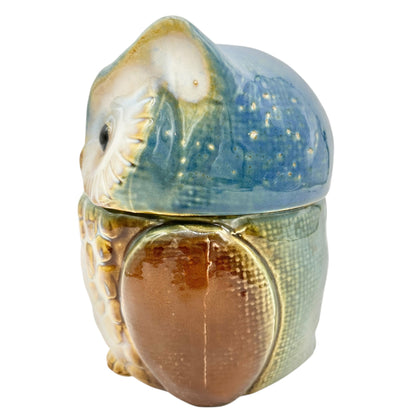 Hand-Painted Ceramic Owl Jar With Lid For Storage Or Décor 6x5 Brown and Blue