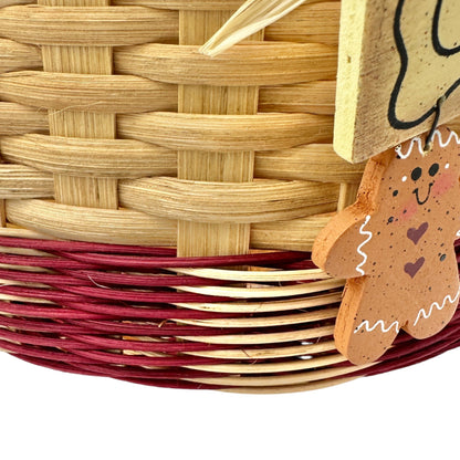 Handmade Basket Gingerbread Trio Round with Wrapped Handle Burgundy Accent