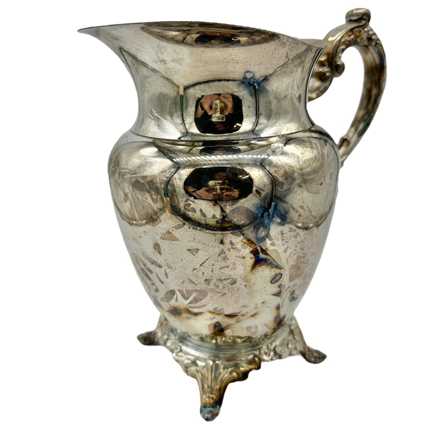 Vintage Oneida Silver Plated Water Pitcher With Ornate Handle Footed Base