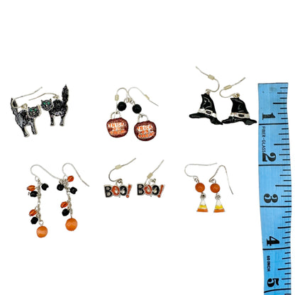 Halloween Earrings Set 6 Pairs Black Cat Witch Hat Candy Corn Trick Or Treat Boo