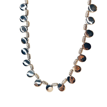 Handcrafted Beaded Necklace Silver Disc Beads Unique and Fun Long Jewelry NEW