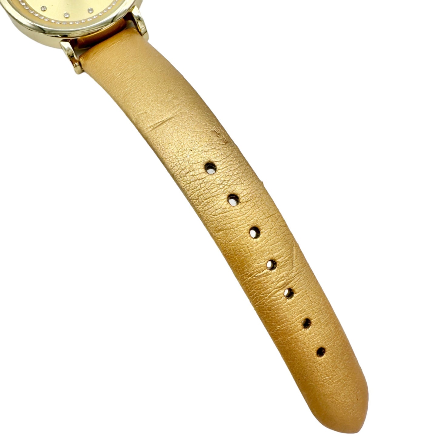 Goldtone Watch with Crystal Accent Faux Leather Gold Buckle Strap