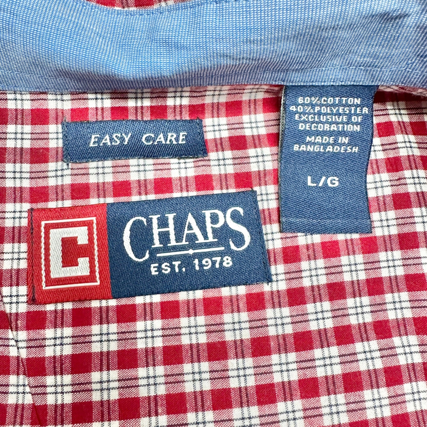 Chaps Easy Care Dress Shirt Mens L Red Plaid Button Down Collar LS