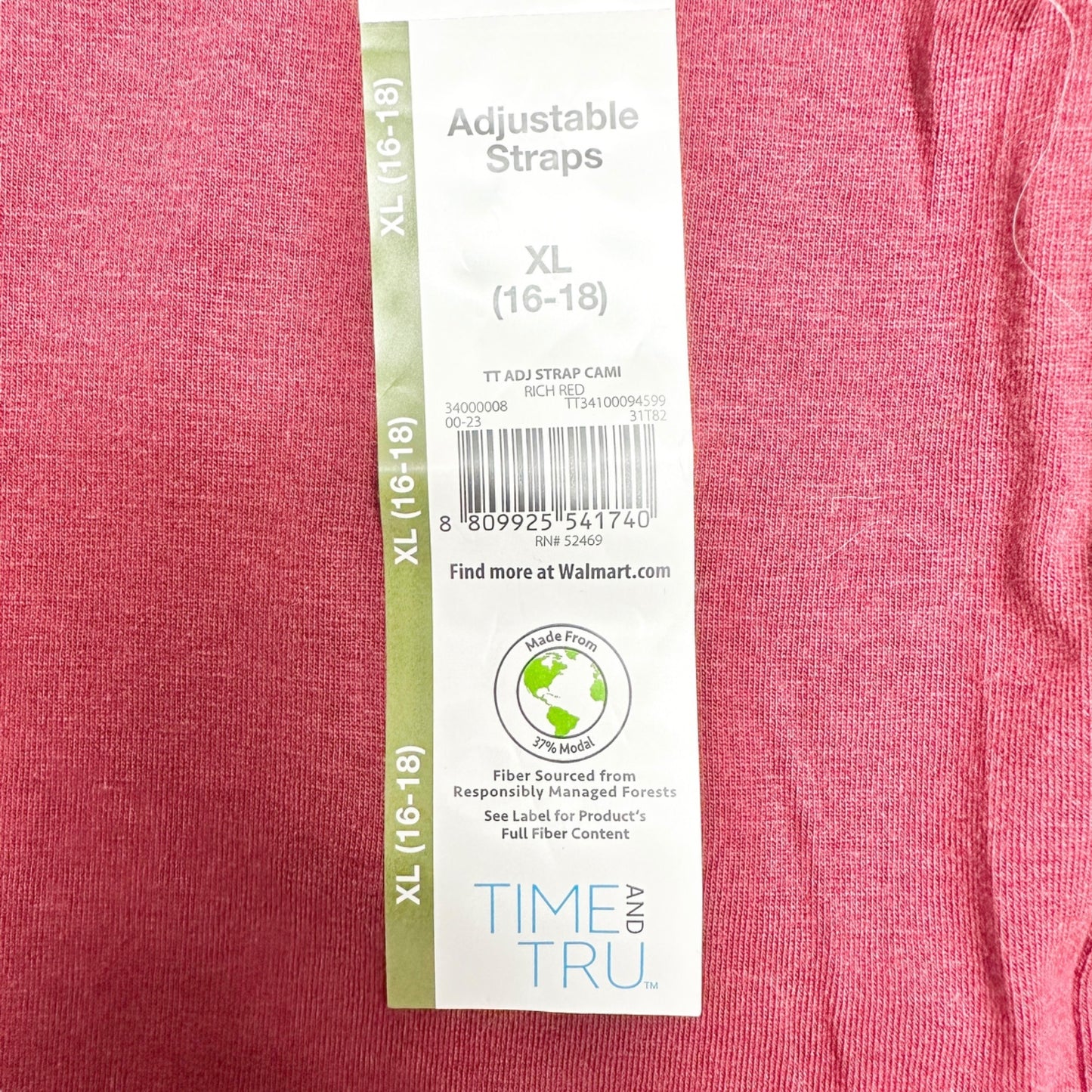 Time and Tru Cami Tank Top Womens XL 16-18 Red Adj Strap Soft Lightweight Top