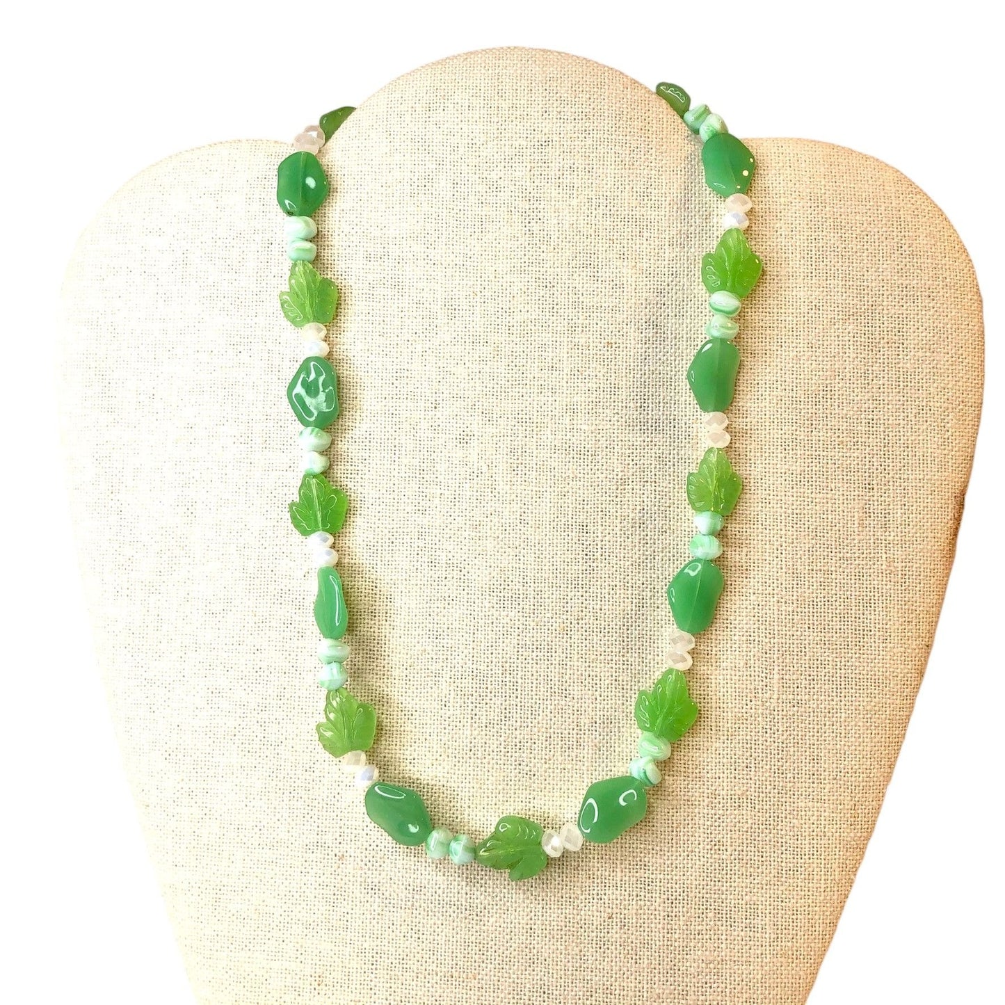 Handcrafted Beaded Necklace Green Beads with Leaves Spring White Jewelry NEW
