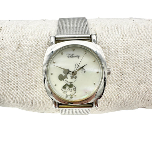 Disney Mickey Mouse Watch Stainless Steel Silver Metal Mesh Buckle Strap