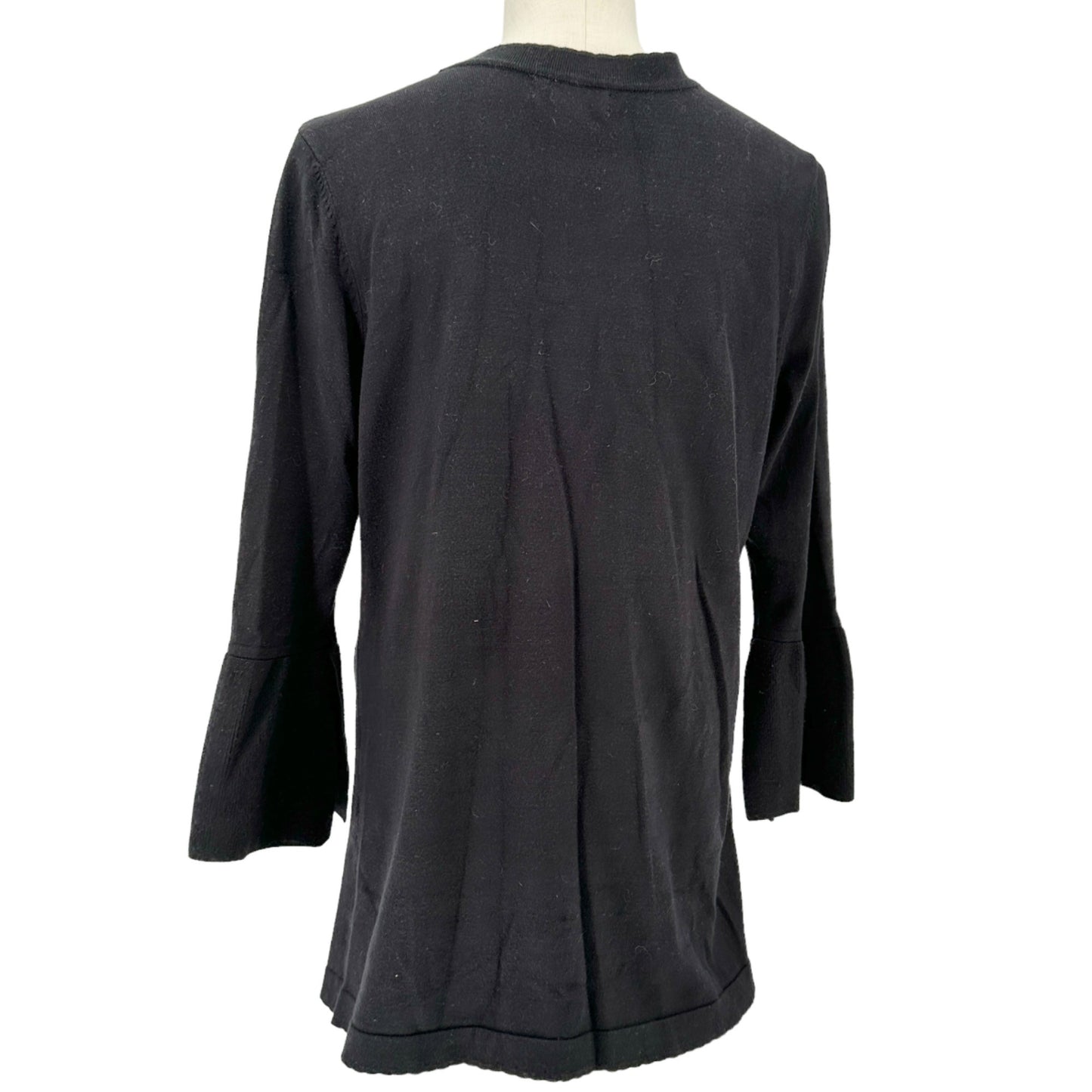 Charter Club Sweater Womens Medium Black Open Front Scalloped Edges 3/4 Sleeve