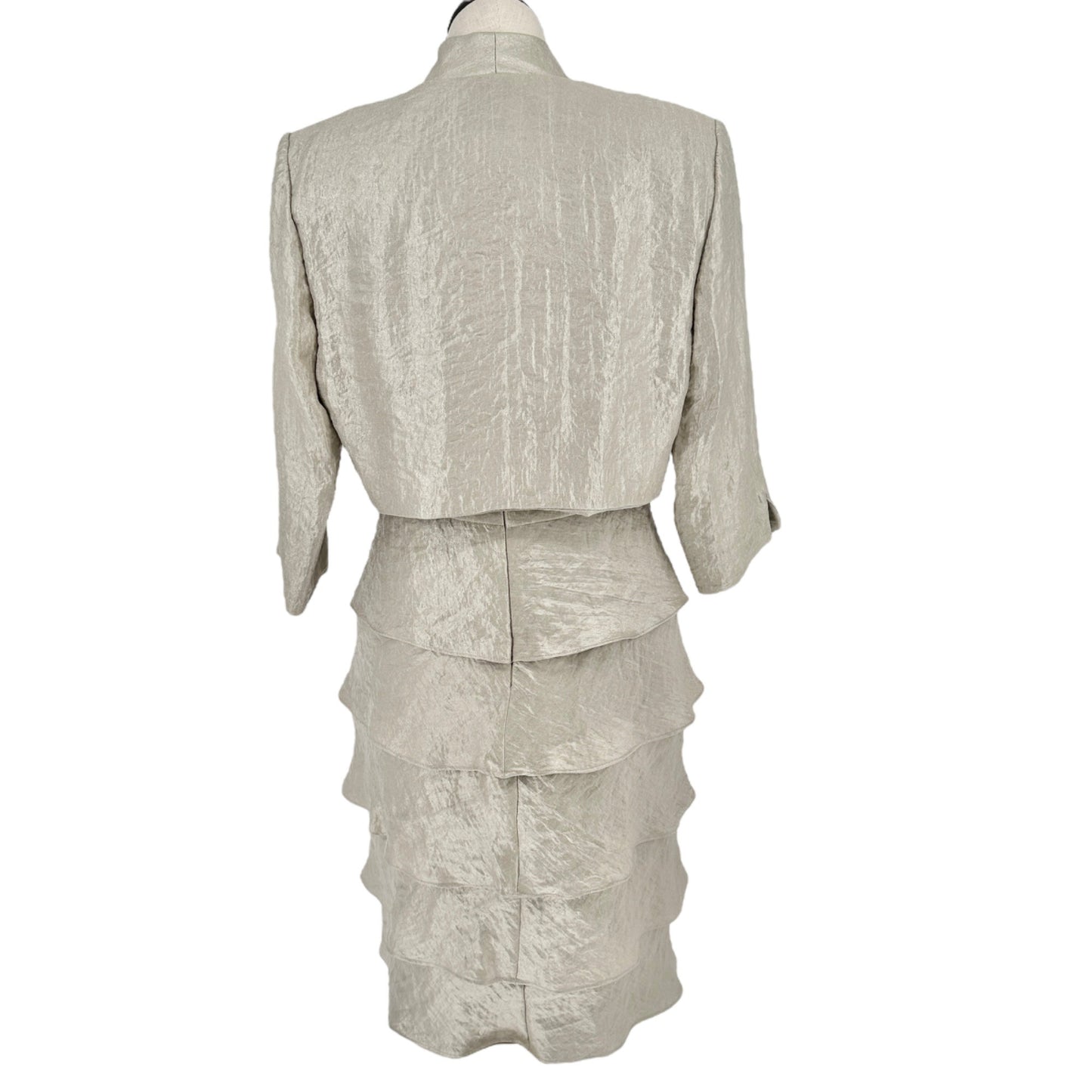 R&M Collection 2pc Dress Jacket Set Womens 16 Champagne Gold Tiered Skirt