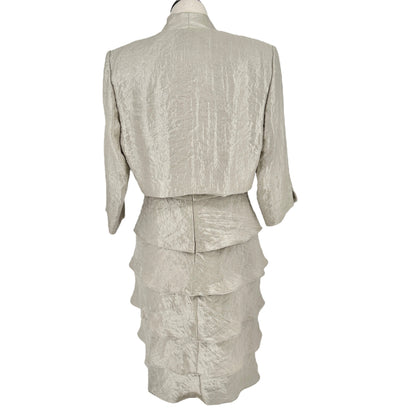 R&M Collection 2pc Dress Jacket Set Womens 16 Champagne Gold Tiered Skirt