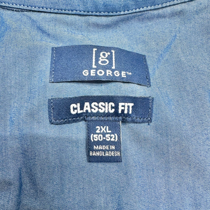 George Classic Fit Plaid Shirt Mens 2XL 50-52 Blue Gray LS Button-Down Collar