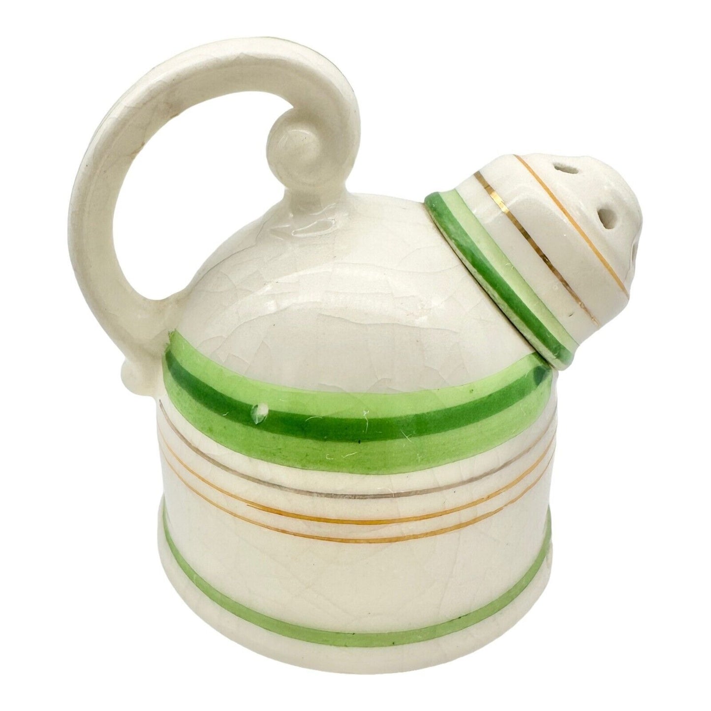 Vintage 3pc Salt & Pepper Shakers & Tray White Ceramic Green & Gold Lines Japan