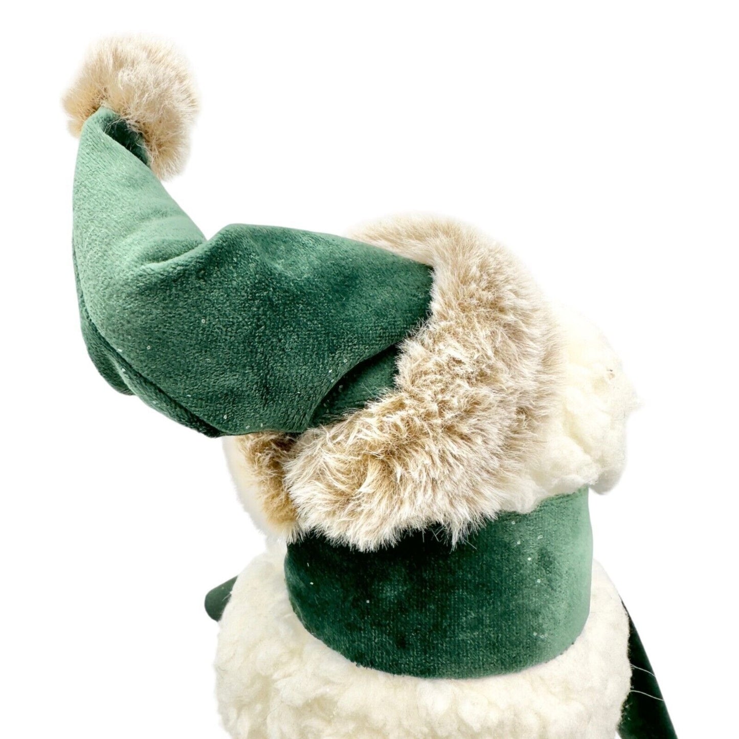 Winter Bear Stands Up Figurine Off-White Fleece with Green Velvet Scarf and Hat