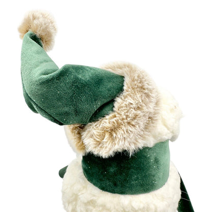 Winter Bear Stands Up Figurine Off-White Fleece with Green Velvet Scarf and Hat
