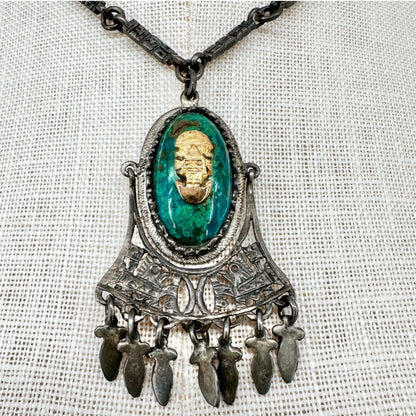 Vintage Sterling Silver 925 Necklace With Tribal Gold Mask Dangling Charms