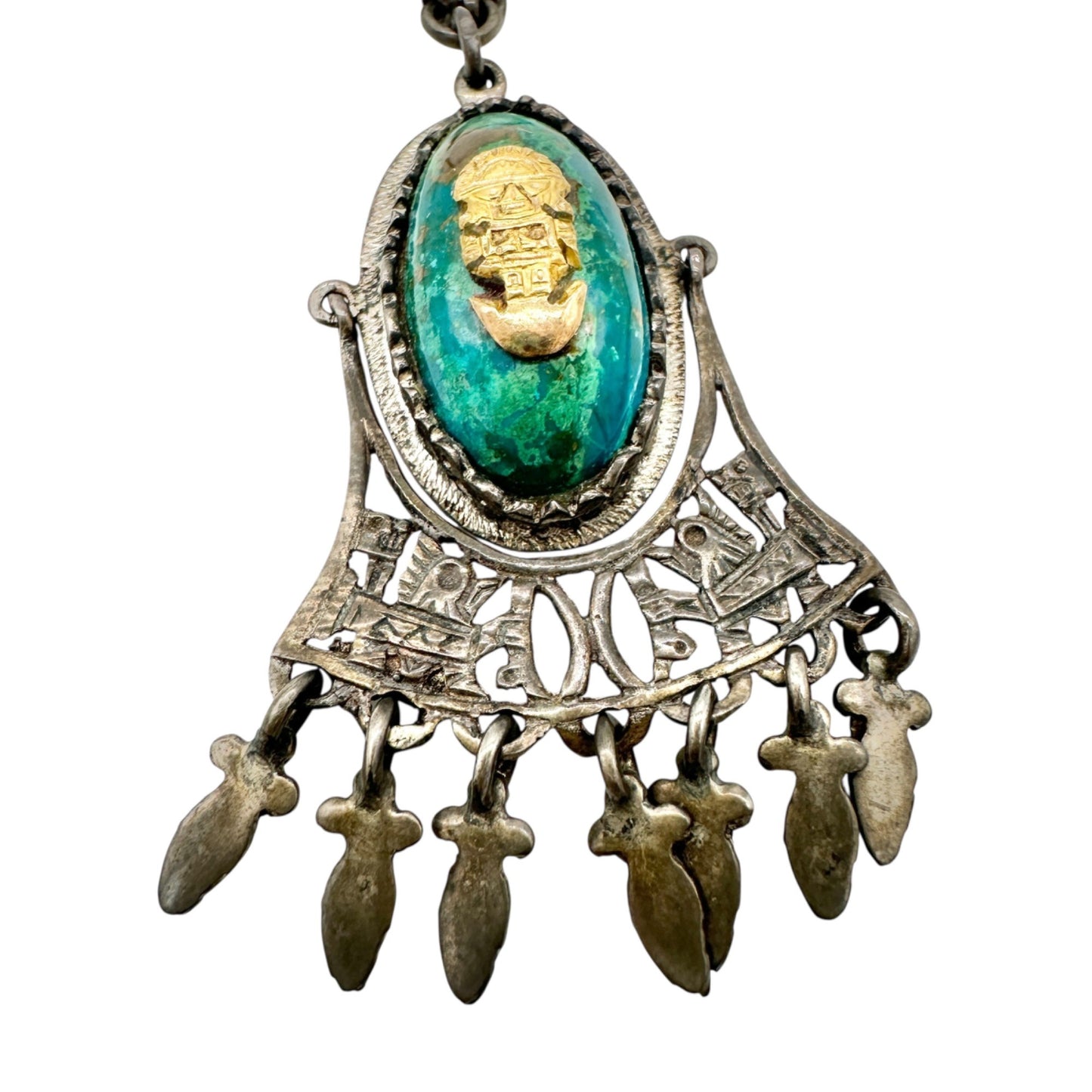 Vintage Sterling Silver 925 Necklace With Tribal Gold Mask Dangling Charms